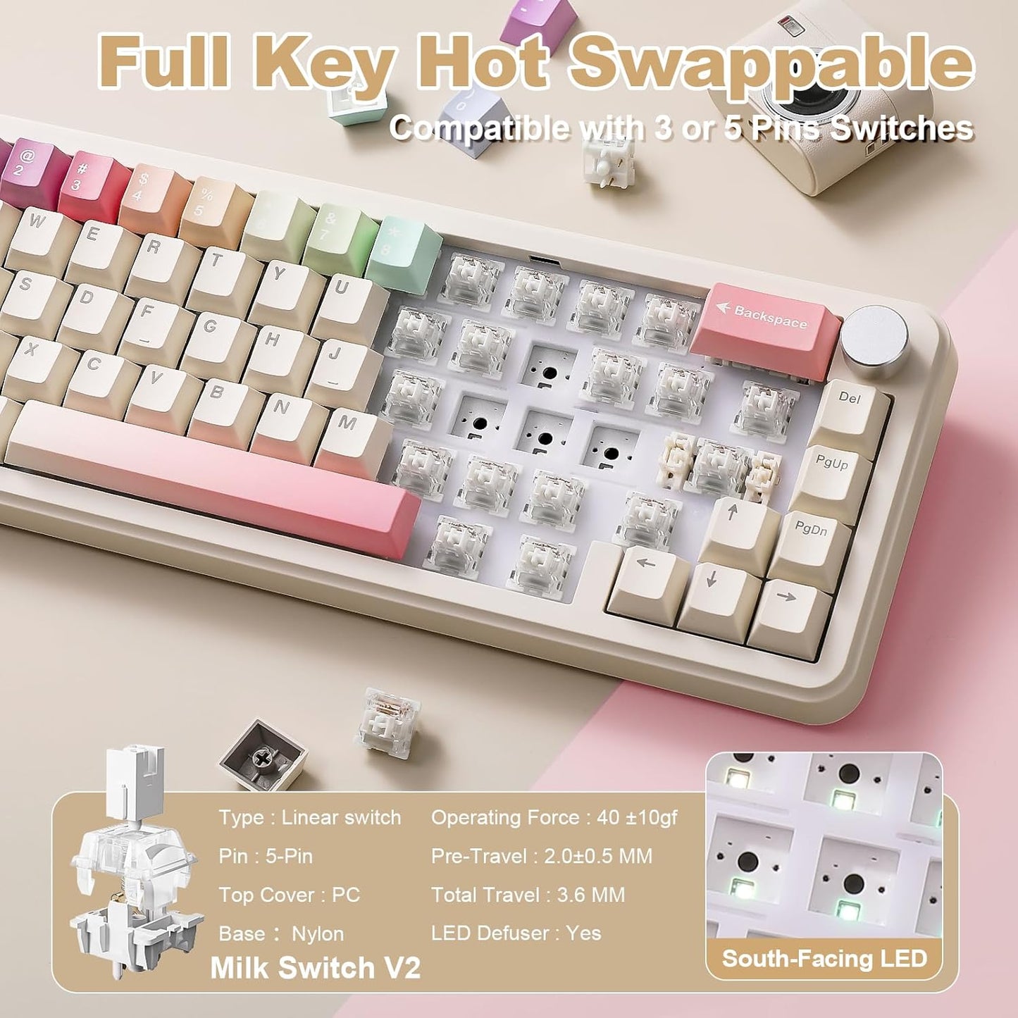 YUNZII B68 Wireless Mechanical Keyboard,Tri-Mode BT5.0/2.4GHz/USB-C,Cute PBT Keycaps,Hot Swappable Creamy Typing Gasket Mounted,RGB Backlit NKRO for Win/Mac (Black, Milk V2 Switch)