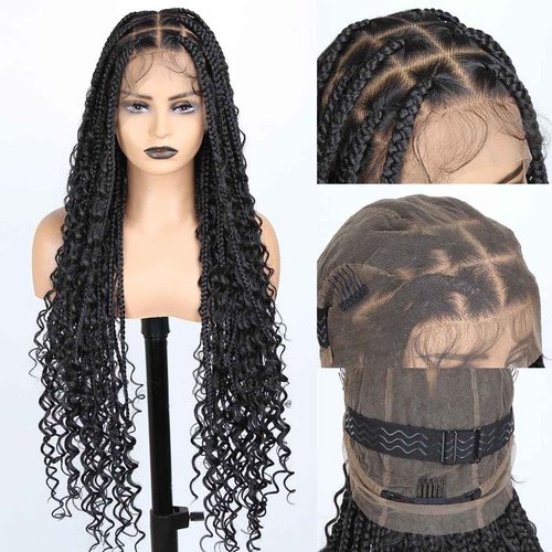 Sangtok 36 inch Knotless Boho Box Braid Wigs, 360 Single Full Lace Braided Curly Wigs for Black Women, Synthetic Black Braided Lace Wig