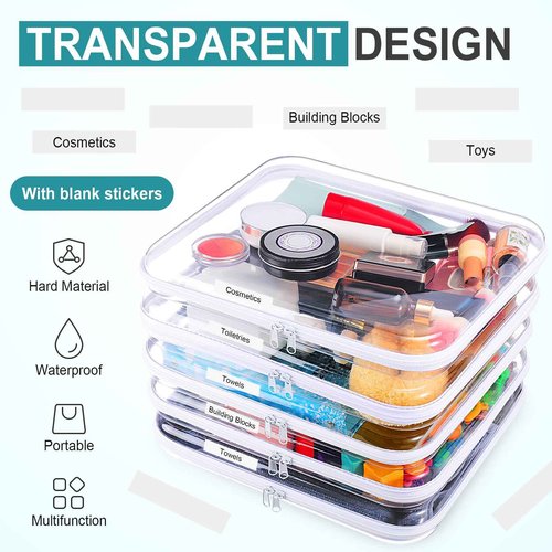 Sanwuta 10 Pcs Hard Zipper Case Clear Hard Pouches Plastic Zipper Pencil Box Toy Storage Bins Portable Plastic Container for Travel Toiletry Office Cosmetic Block Puzzle Organizer(L,Clear)