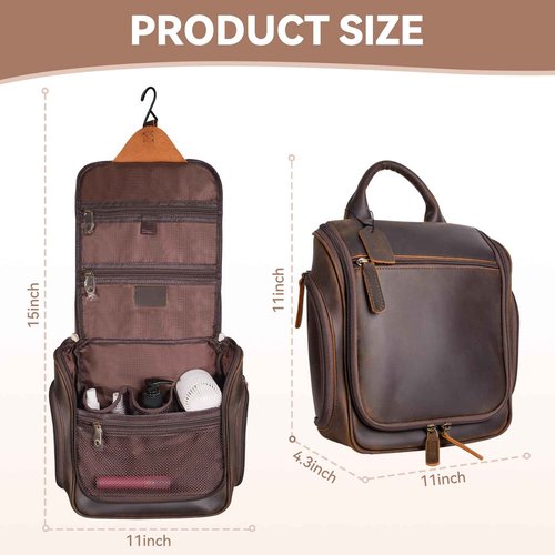MCKDERWRILL Versatile Genuine Leather Travel Hanging Toiletry Bag, A Dark Brown Hanging Makeup Organizer for Men or Women, Water-resistant Shaving Kit Bag Suitable for Camping and Travel Trips