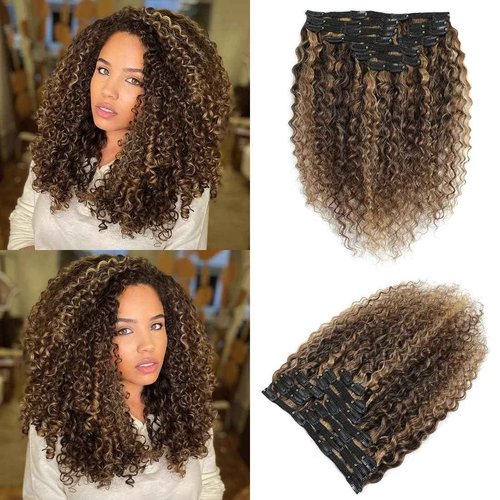 Urbeauty Curly Clip in Extensions Remy Human Hair Brown Highlight Blonde Natural Wavy Hair Extensions 20 Inch 120g Triple Weft Clip in Hair Extensions Full Head Kinky Curly Human Hair 4/27 Color