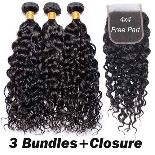 Quqzron Water Wave Human Hair Bundle with Closure(16 18 20 +14, Free Part) Wet and Wavy Bundles with 4x4 Lace Closure Hair Extensions Natural Color