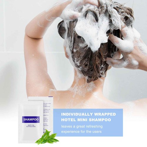 500 pack 0.35 fl oz/10ml Travel Size Shampoo Bulk Individually Wrapped - Refreshing Mini Shampoo Packets Hair Shampoo Single Use Supplies for Homeless Care Hotel Guests, White Tea Scent