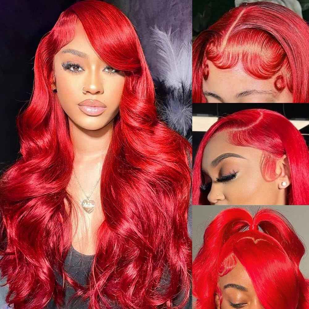 30 Inch Red Human Hair Wig 200% Density Colored Body Wave 13x4 Bright Red Human Hair Lace Front Wigs Pre Plucked HD Lace Frontal Wigs Human Hair for Women