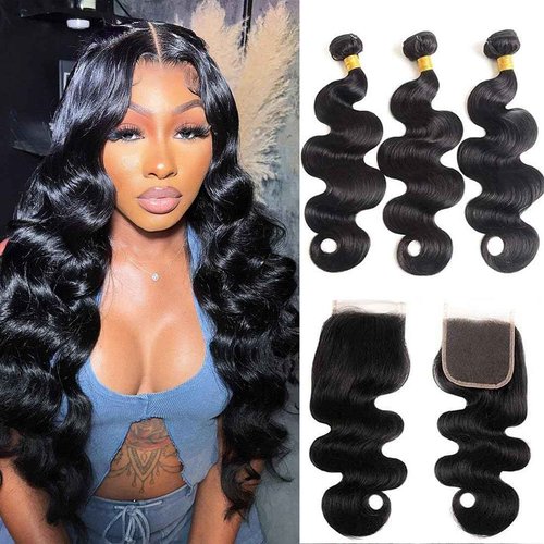 SIIKAP 10A Brazilian Human Hair Bundles Body Wave 3 Bundles with Lace Closure 4x4 Free Part Unprocessed Body Wave Human Hair Bundles with Closure (20 22 24+18) Natural Color