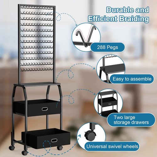 Portable Braiding Hair Rack with Wheels & Storage Drawers,2-Sided 288 Pegs,Hair Extension Holder Hanger for Braiding Hair Separator Stand Display,Hair Rack with Stylist Hair braiding Tools (Black)