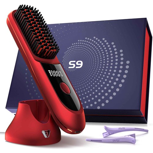 VELORlA Cordless Hair Straightener Brush with Charging Dock - LED Display,300M Negative lons & 3 Temps Fast Heating 320-392°F, Anti-Frizz Travel HaiStyler, Gift for Women (Garnet Red Pro+)