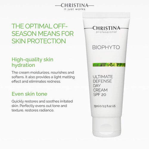 Christina Bio Phyto Ultimate Defense Day Cream Moisturizer with SPF 20-75 ml - Broad Spectrum UVA/UVB Protection Facial Moisturizer with Hyaluronic Acid & Vitamin B12- For Normal & Combination Skin