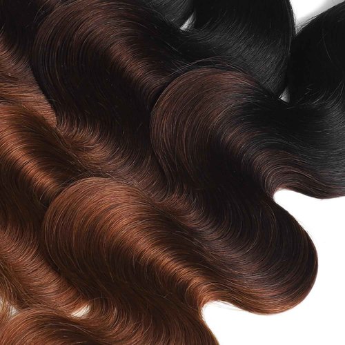 ANMETAN Ombre T1B/2/30 Body Wave Human Hair 3 Bundles with 4x4 Closure, 12A Chestnut Brown Bundles and HD Lace Closure Free Part (10/12/14+10 In) Real Remy Hair Wavy Thick 3 Tone Weave With Dark Roots