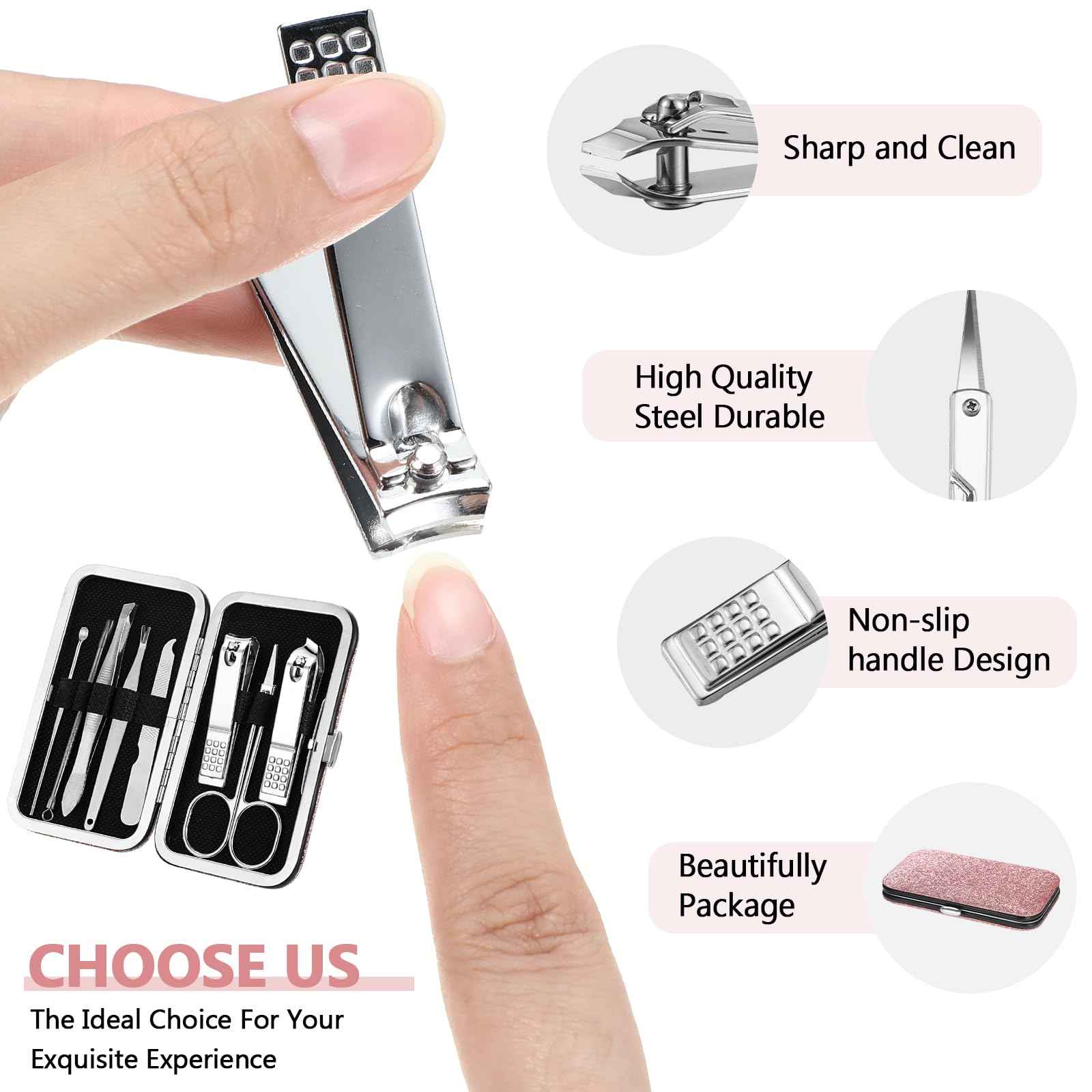 Lasnten 24 Set Christmas Manicure Set Bulk Nail Clippers Grooming Nail Kit Stainless Steel Professional Pedicure Kit Pedicure Tools with Travel Case Gifts for Xmas Men Women(8 in 1,Shiny Pink)