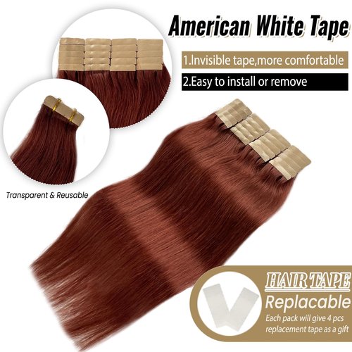 Tape in Hair Extensions #33 Dark Auburn 100% Real Human Hair Silky Straight for Women 24inch 20pcs 70g Dark Auburn Invisible Natural Human Tape in Hair Extensions
