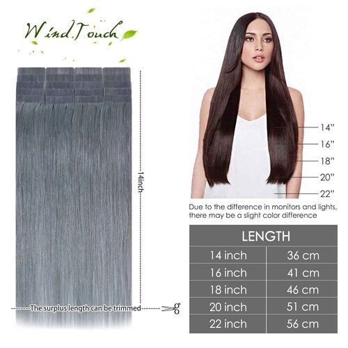 WindTouch Tape in Hair Extensions Silver Gray 100% Human Hair Extensions Straight 20 Pcs 20Inch #gray 50g