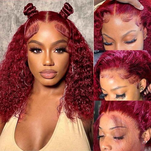 Bob Wig Human Hair 99j Burgundy 13x6 Deep Wave HD Lace Front Wigs Human Hair 250% Density Burgundy Bob Curly Lace Frontal Wigs Brazilian Virgin Human Hair Wigs Pre Plucked with Baby Hair (#99j,14Inch)