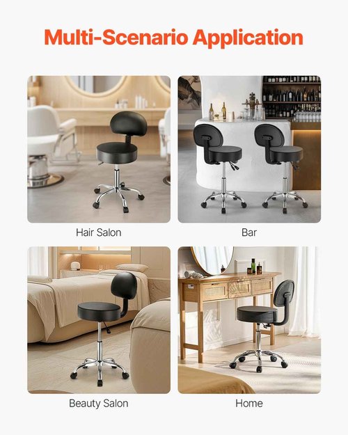 VEVOR 450 LBS Weight Capacity Round Rolling Stool Chair, Height Adjustable Thickened PU Leather Swivel Stool for Salon, Spa, Massage, Tattoo, Clinic, Black