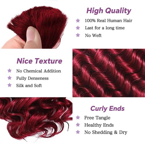 Afihond Human Braiding Hair For Boho Braids Deep Water Wave Human Bulk Hair for Braiding 12A Brazilian Virgin Human Hair Extensions for Boho Braids 3 Bundles/Pack 110g 99J Red Burgundy 24inch