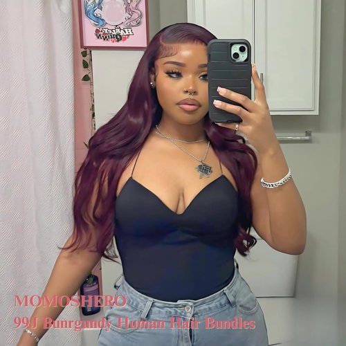 MOMOSHERO 99j Dark Burgundy Body Wave Bundles Human Hair 26 Inch, 12A Soft And Shiny Red Wine Colored Bundles 100% Brazilian Virgin Remy Hair Sew In Weave Single Human Hair Bundle Chic #99j Color
