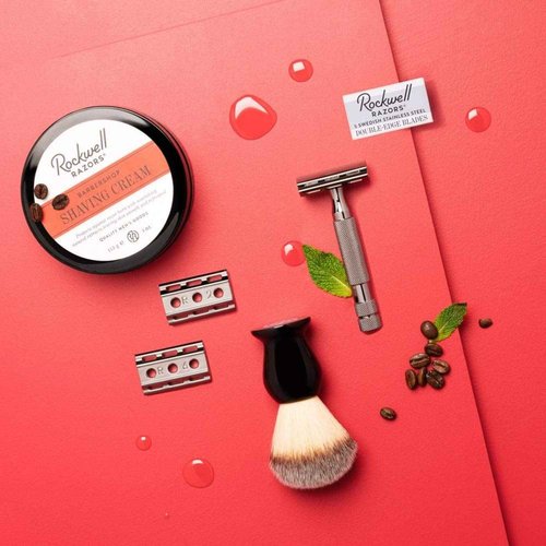 Rockwell 6C Shave Kit (White Chrome) | Includes Safety Razor with 6 Adjustable Settings, Shaving Cream, Synthetic Shave Brush, & 4 Month Supply Swedish Stainless Steel Razor (20 Blades), 4 Piece Set