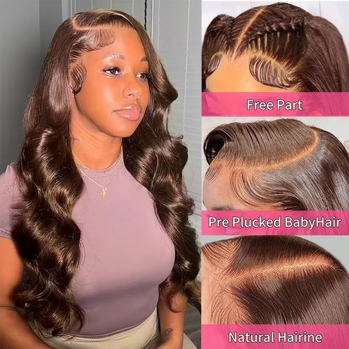 Auburn Brown Body Wave Lace Front Wig - 200 Density, HD Transparent Lace, Glueless, Baby Hair, Chestnut Brown Colored Human Hair Wig - 13x6