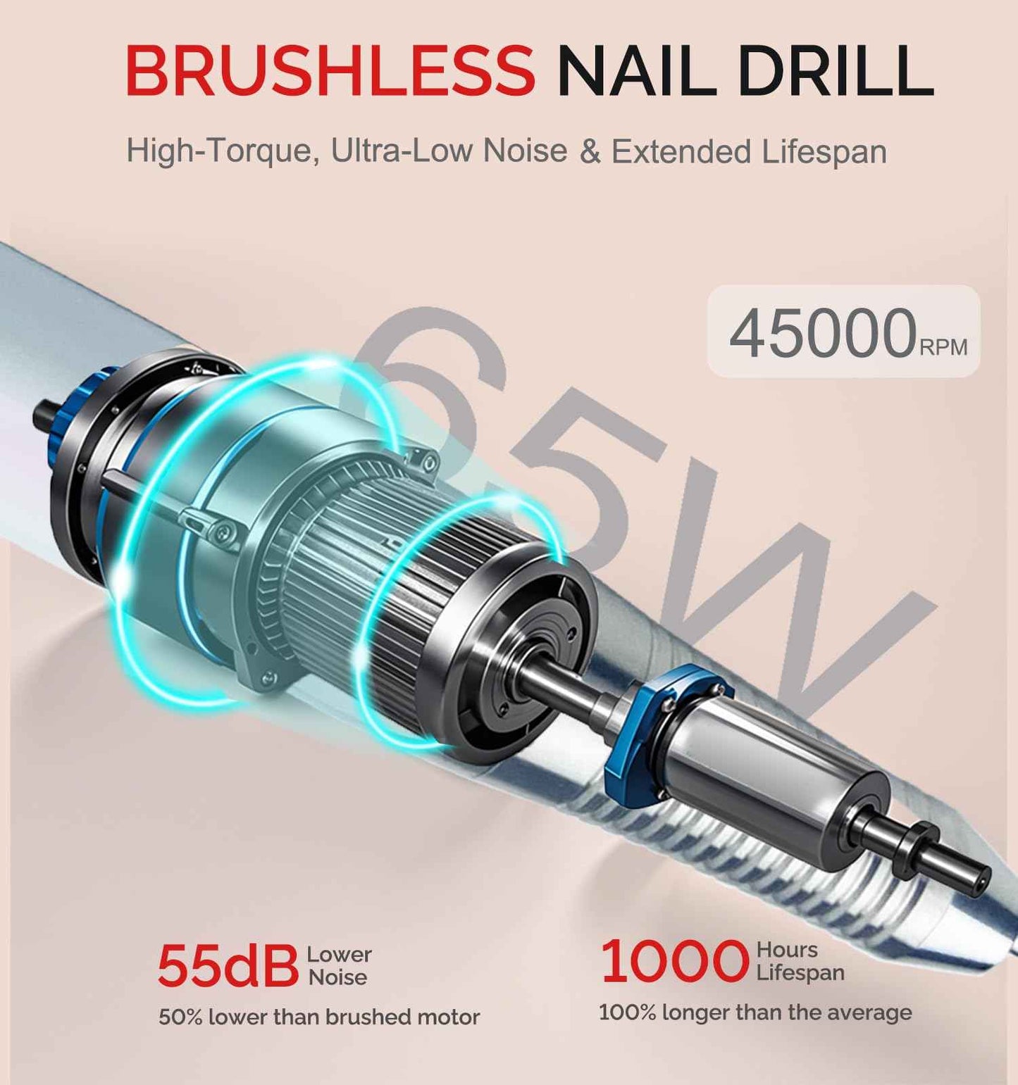 Lumcrissy Professional Nail Drill Machine - Cordless Brushless Motor Nail File, 45000 RPM 2*3500mAh Portable Efile for Acrylic Gel Nails with 6 Bits & ETL-Certified USB Charger for Salon & Home