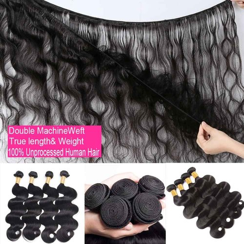 Caplina 16A Human Hair Bundles 16 18 20 22 Inch Body Wave 400g Unprocessed Brazilian Virgin Hair 4 Bundles Deals Human Hair Extensions Quick Weave Human Hair Natural Black Color