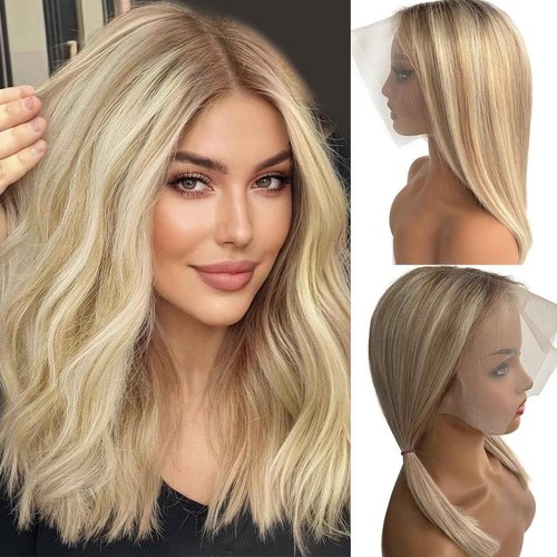 Smartinnov Balayage Blonde Bob Wig Human Hair 13x6 HD Transparent Lace Wigs 10 Inch Platimun Blonde Highlight Virgin Hair Middle Part 180% Density Pre Plucked Short Bob Wigs for Women Tiny Knots