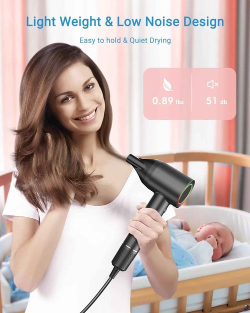 Hair Dryer, 160000 RPM Professional High Speed Ionic Blow Dryer • 500 Million Negative Ions • Intelligent Heat Control & Rapid Drying Speeds • Lightweight • Low Noise, Magnetic Diffuser & Nozzle