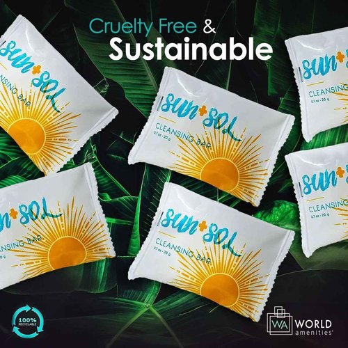 World Amenities - Sun + Sol Bulk Luxurious Cleansing Bar With Warm Coconut & Vanilla Fragrances, Pleat Wrapped Travel Size Toiletries, Mini Hotel Amenities, 0.7 oz (500 Pack)