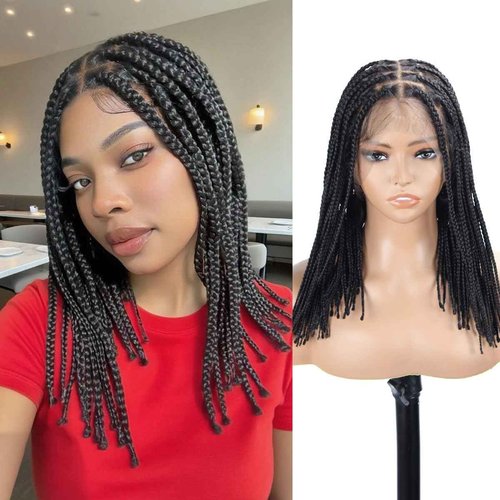 Vecago Short Braided Wigs for Black Women, 12 inch Knotless Single Full Lace Box Braid Wigs with Baby Hair Black Synthetic Braid Wig