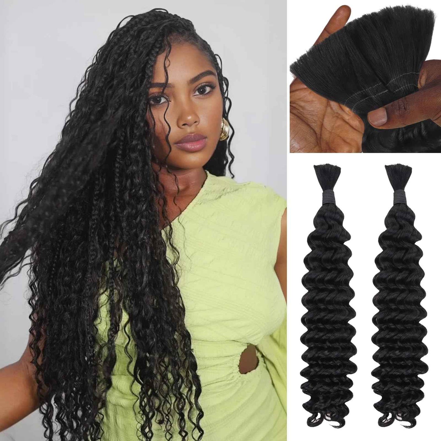 IDN BEAUTY Pre Divided Human Braiding for Boho Braids Hair Extensions, 24 Inch 100g Natrual Black Deep Wave Human Hair for Braiding Bohemian No Weft 12A Virgin Brazilian Wet and Wavy
