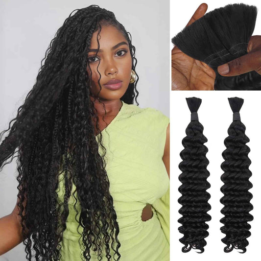 IDN BEAUTY Pre Divided Human Braiding for Boho Braids Hair Extensions, 24 Inch 100g Natrual Black Deep Wave Human Hair for Braiding Bohemian No Weft 12A Virgin Brazilian Wet and Wavy