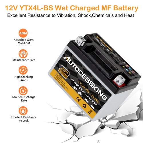 Autocessking YTX4L-BS Motorcycle Battery, 12V 3Ah Rechargeable Maintenance Free Sealed AGM Battery Powersport Replacement Battery for ATV and Scooter