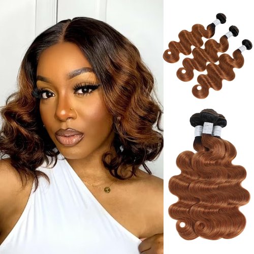 ALHER T1B/30 Human Hair Bundles Body Wave, 12A Ombre Brown Colored 3 Bundles Dark Root Two-tone, 100% Brazilian Virgin Remy Human Hair for Black Women Soft Thick Wavy 12 14 16 Inch