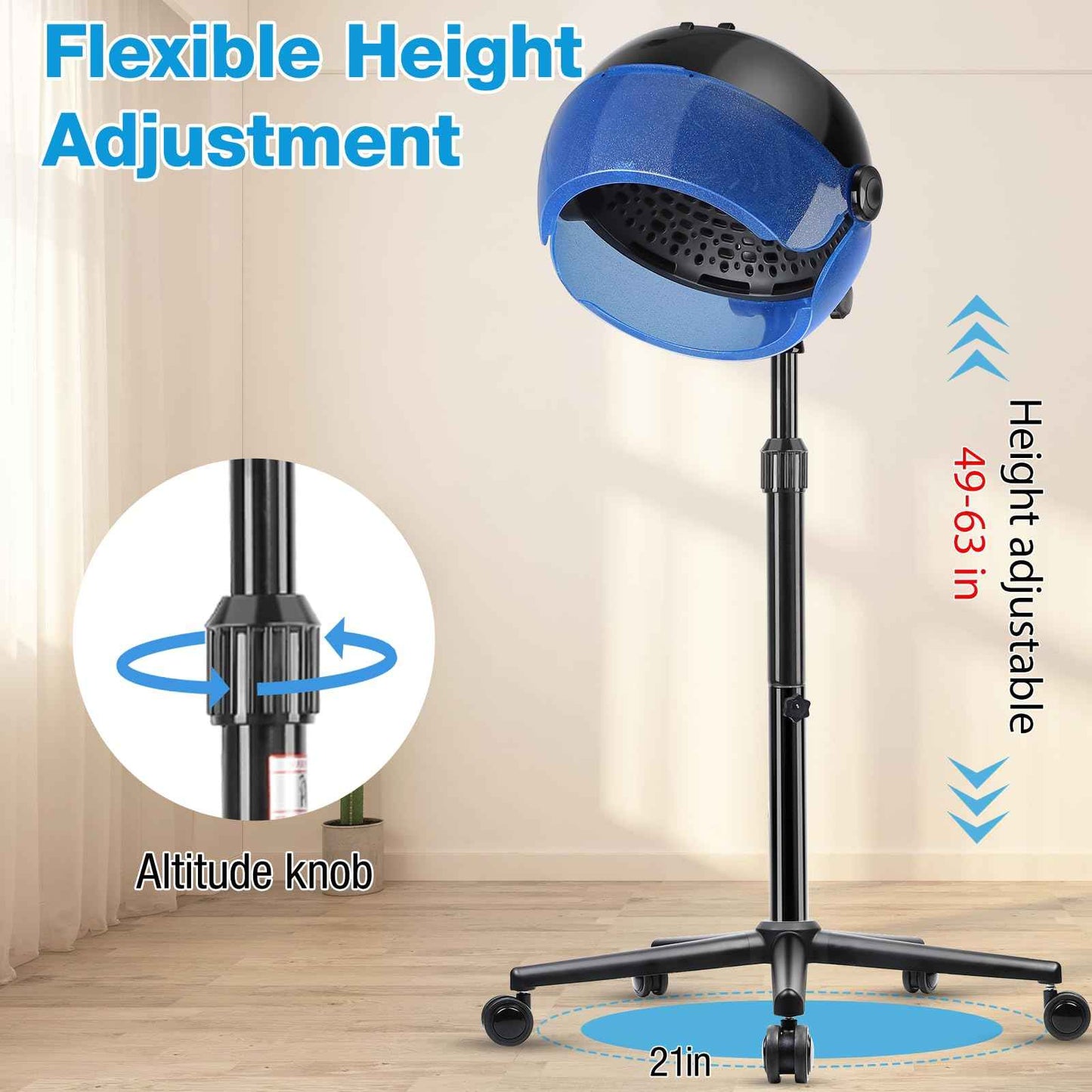 Hooded Hair Dryer, 1500W Standing Hair Dryer with Time Settings, Touch Controls and 3 Temperature Modes, Height Adjustable Ionic Hooded Dryer, Professional Hooded Dryer for Home or Salon Use