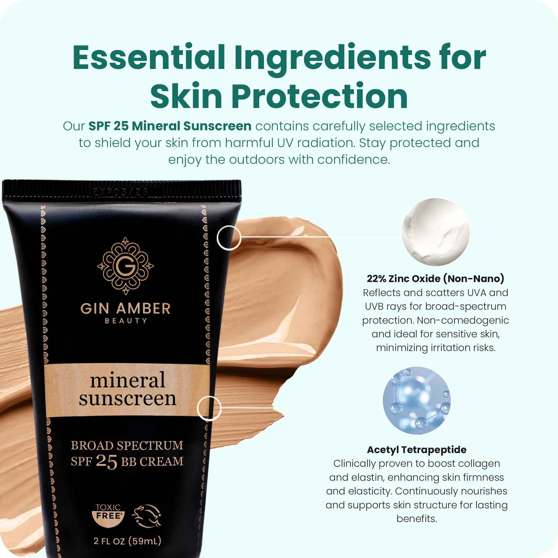 Gin Amber Beauty Mineral Tinted SPF 25 - Toxic Free Face Sunscreen and BB Cream for Women with Sensitive Skin - Revolutionary Zinc Oxide Formula - Improves Fine Lines and Uneven Skin Tone