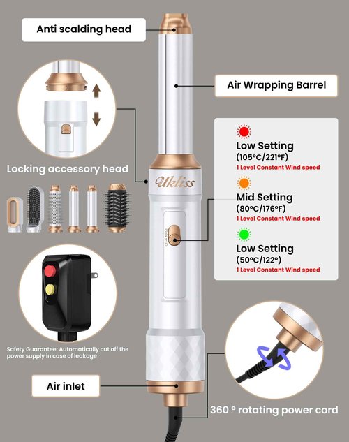 Ukliss 6 in 1 Hair Dryer Brush, Air Styler with Auto Wrap Curling - Ionic Blow Dryer for Frizz-Free Fast Drying, Volumizing Brush & Straightener for All Hair Types, ALCI Plug