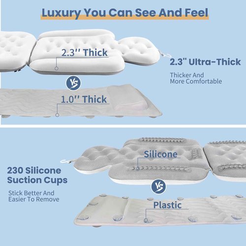 Luxury Bath Cushion, Full Body Bathtub Pillow with 160 Suction Cups, Bath Mat for Head and Neck Support, with Laundry Bag (White, 60.2" x 16.2")