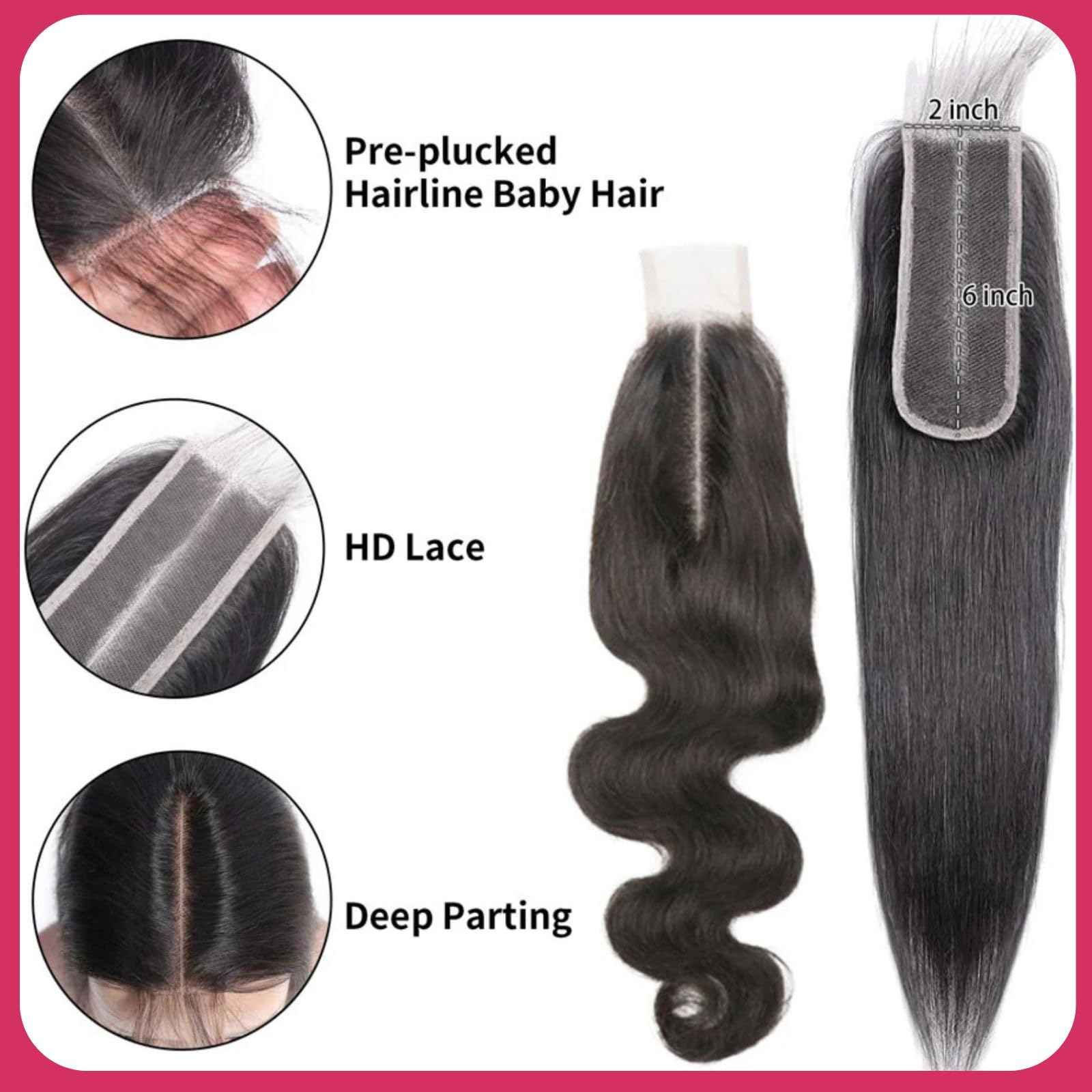 2x6 Closure, Straight Human Hair Hd Lace Closure Invisible Skinlike 2 by 6 Hd Lace Middle part Bleached Knot Pre-Plucked Natural Hairline 18 Inch 2 6 Frontal Hd Closure Natural Black 18inch