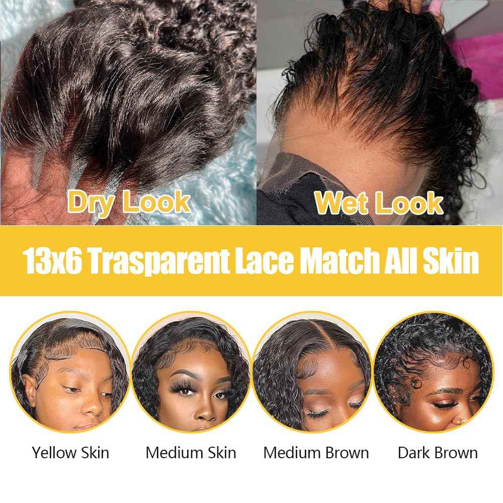 KTOOYKE 13x6 Lace Front Wigs Human Hair 26 Inch Deep Wave HD Transparent Lace Frontal Wigs Human Hair Pre Plucked with Baby Hair 180 Density Natural Color