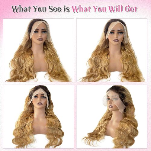 Body Wave Lace Front Wigs Human Hair Curly Wave Ombre 1B27 HD Lace Frontal Real Human Hair Wig for Black Women 13x4 Wavy Natural Black to Honey Blonde Glueless Wigs with Dark Roots Free Part 22 Inch