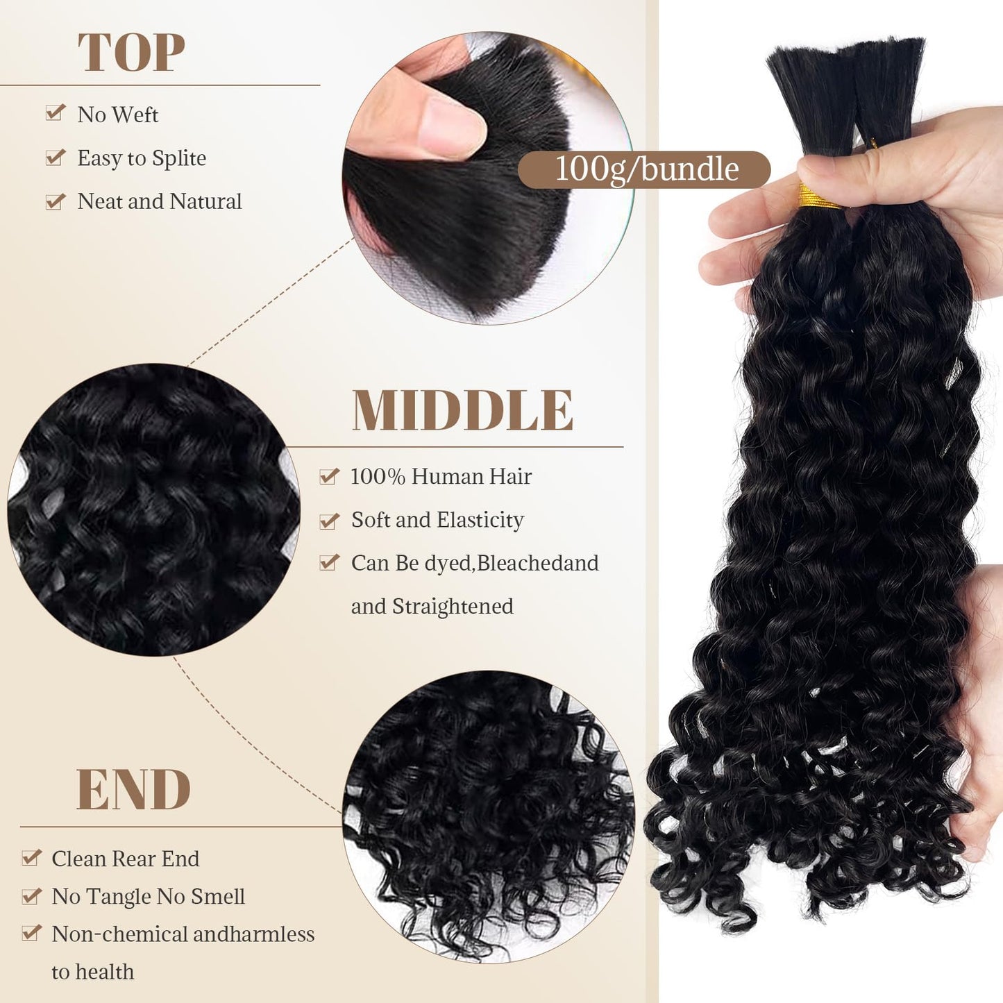 Human Braiding Hair 2 Bundle 100G 26 Inch Deep Water Wave Bulk Human Hair for Braiding No Weft 10A Bohemian Hair Virgin Curly Human Hair Extensions for Boho Braids Wet and Wavy Braiding Hair