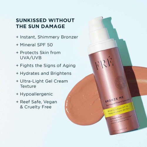 FRÉ BRONZE ME SPF 50, Tinted Mineral Sunscreen for Body & Face with Vitamin C and Niacinamide, Broad Spectrum UVA Protection, Water Resistant, Vegan, Reef Safe, Sun Kissed Tan Glow, 3.38 fl. oz.
