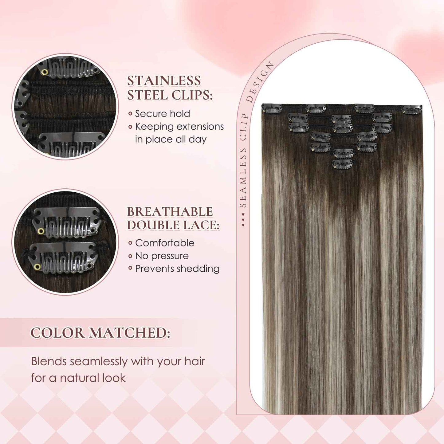 Hyssiet 20 Inch Clip in Real Human Hair Extensions, Balayage Walnut Brown to Ash Brown Mix Light Blonde, Remy Thick Invisible Straight Clip Hair,Seamless, 95 Gram 7 Pieces With 16 Clips