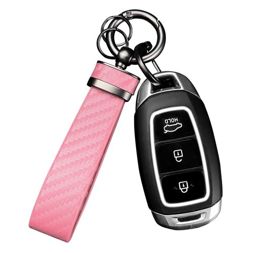 Turcee Carbon Fiber Car Keychain,Automotive Interior Accessories Keychains Leather Car Key Fob,Car Accessories Key Ring&Anti-Lost D-Ring(light pink)