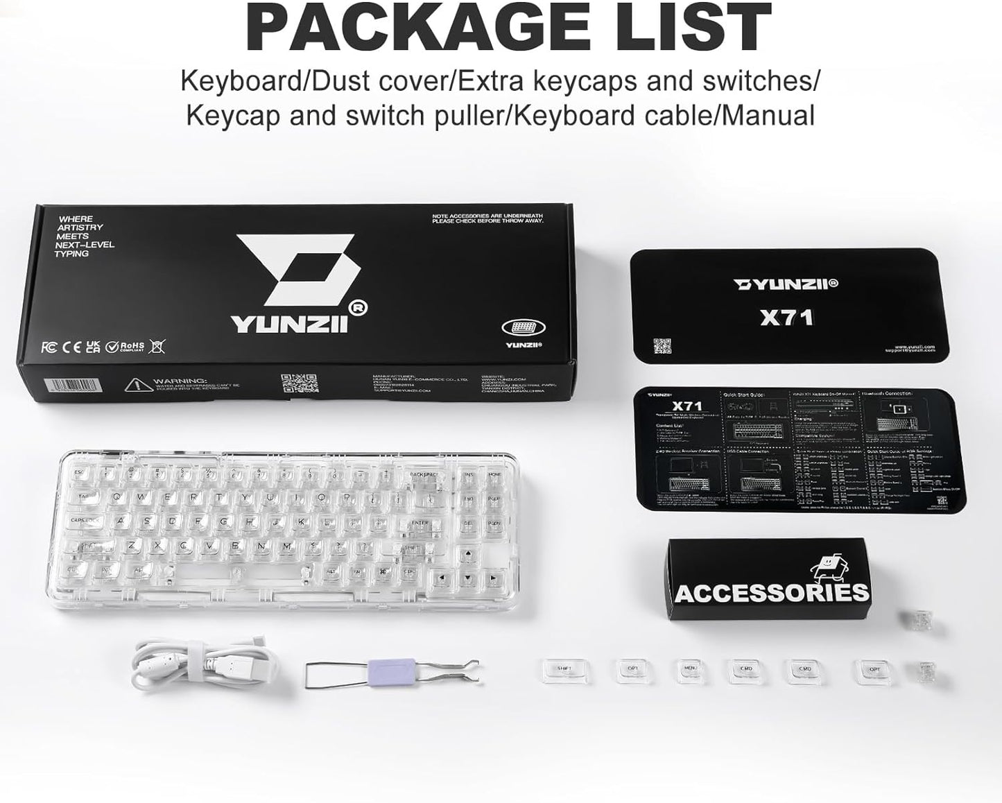 YUNZII X71 Wireless Hot Swappable Transparent Mechanical Keyboard with Clear Keycaps, 68% Layout, BT5.0/2.4G/USB-C Gasket Mount Wireless RGB Backlit for Windows/Mac(Crystal Ice Switch,White)