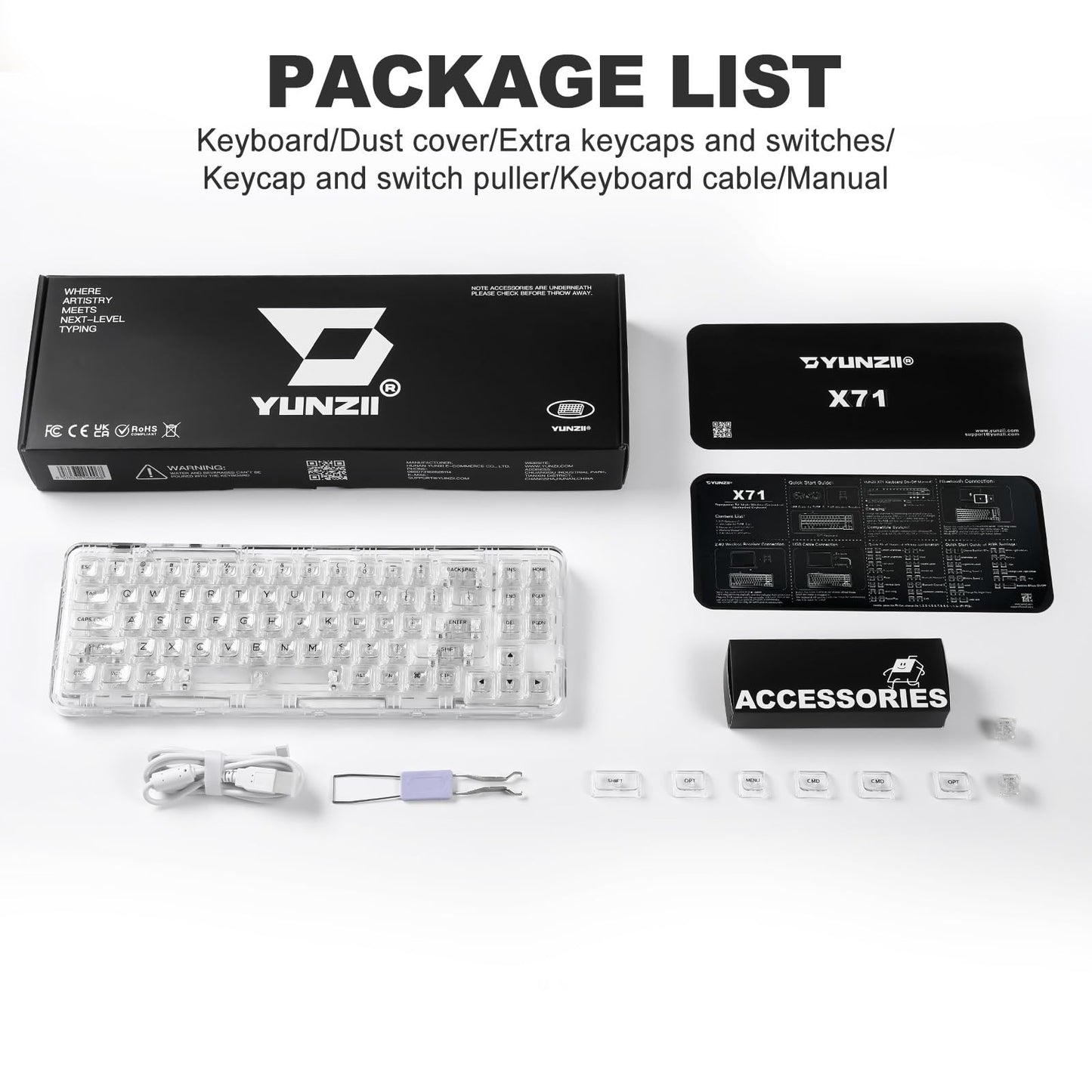 YUNZII X71 Wireless Hot Swappable Transparent Mechanical Keyboard with Clear Keycaps, 68% Layout, BT5.0/2.4G/USB-C Gasket Mount Wireless RGB Backlit for Windows/Mac(Crystal Ice Switch,White)
