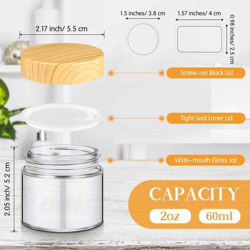 Layhit 64 Pcs 2oz Glass Jars with Lids Clear Small Jars with Plastic Woodgrain Lids, White Labels and Inner Liners Empty Round Cosmetic Containers for Creams Lotions Candle Making (2oz/ 60ml)