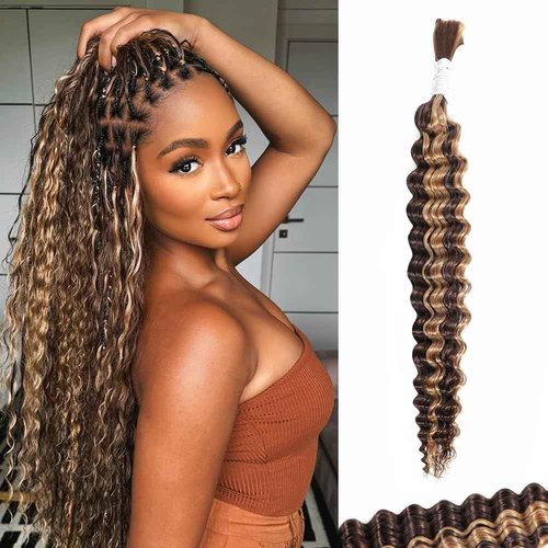Enaiiby 4/27 Human Hair Bundles Curly Braiding Hair 50g 26 Inch, Ombre Blond Braiding Hair Loose Deep Wave Bundles Boho Human Hair Bulk, 12A No Weft 100% Real Virgin Hair Honey Blonde Boho Hair