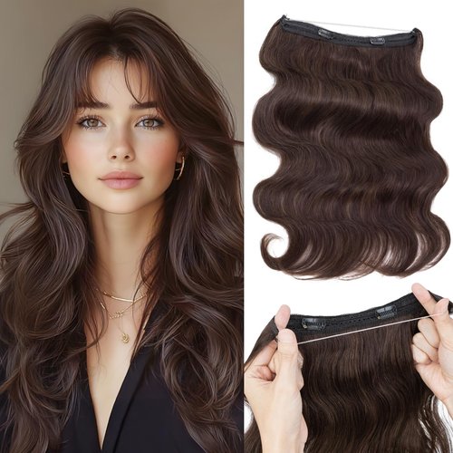 Halo Hair Extensions Real Human Hair,S-noilite 100% Wavy Human Hair Halo Extensions for Women,65g/16inch 02 Dark Brown