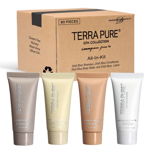 Terra Pure Spa Collection Bulk Set Toiletries | 1-Shoppe Amenities Kit for Hotels & Vacation Rentals | 0.85 oz Shampoo, Conditioner, Body Wash & Lotion | 80 Pieces