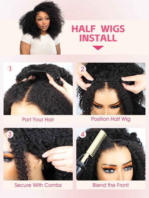 ORIGINAL QUEEN Kinky Curly Half Wig Human Hair Wear And Go Glueless Wigs Curly 3 In 1 Half Wigs for Women Drawstring Seamless Flip Over Glueless Wigs Beginner Friendly 16 Inch